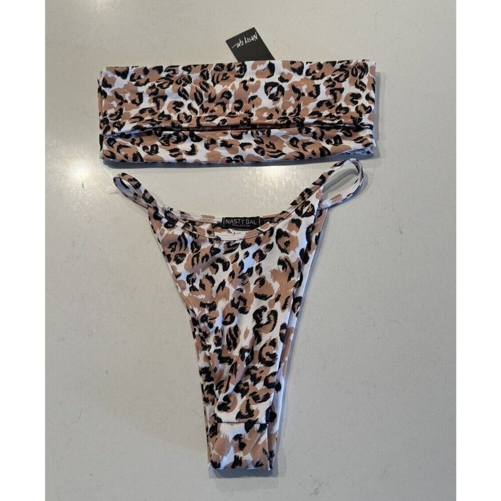 Nasty Gal US4 Animal Print Bikini Top High Cut Bottom Bandeau Leopard Swim‎